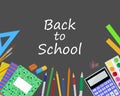 Postcard back to school vector illustration. Stationery items paint pencils notebooks paper plane calculator scissors ruler